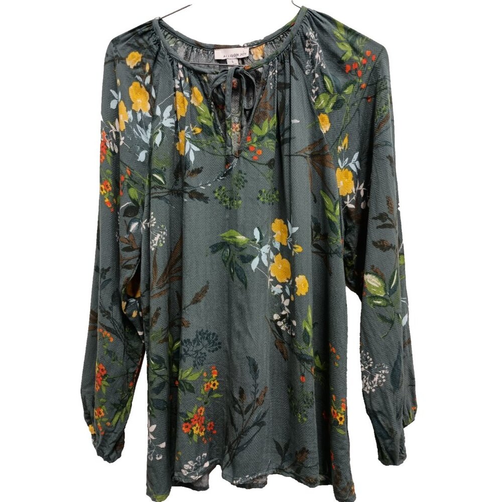 Allison Joy Blouse Top Womens Large Teal Floral BOHO Peasant Long Sleeve Casual